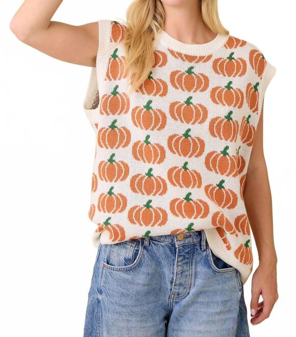 MAIN STRIP Tops - NEW MAIN STRIP pumpkin print sleeveless sweater knit top in ivory/orange